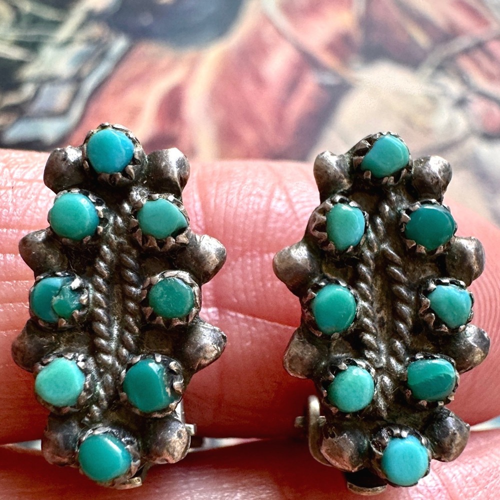 Zuni Snake Eye Turquoise Earrings Clip On Sterling MCM Native American Old